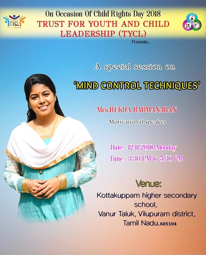 tyclindia's tweet photo. On occasion of Child Rights Day 2018, we are organizing a special session on "Mind control Techniques" for adolescent
Date: 12th November 2018
Time: 3:30 pm onwards
Venue: Government higher secondary school, Kotakuppam
#CRD2018 #ChildRights😊 https://t.co/LyvmP9GjvX