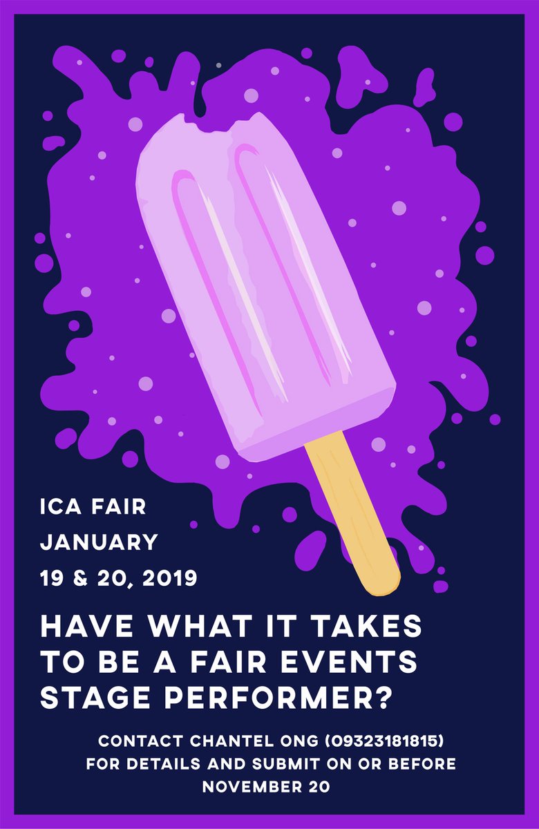 ICAFairComm's tweet image. Dream of becoming a POP(sicle) STAR? 😎

To all of any school or age, here’s your golden ticket to performing on our stage at the ICA Fair 2019🍫 

The popsicle that never melts awaits what you have in store for us! 

Poster by Alessandra Sio