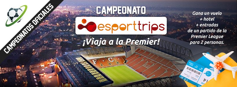 futmondo's tweet photo. 🆕 CAMPEONATO OFICIAL | ¡@EsportTrips te lleva a la premier! 

➡️ Únete a su campeonato oficial en futmondo y gana un viaje para 2 personas a un partido de la premier. Vuelo + Hotel + Entradas 

ℹ️ Info > https://t.co/u2CpE8j6oZ

🔗 Únete > https://t.co/7RCQ9e1Hx8 https://t.co/AolsHZdfp3