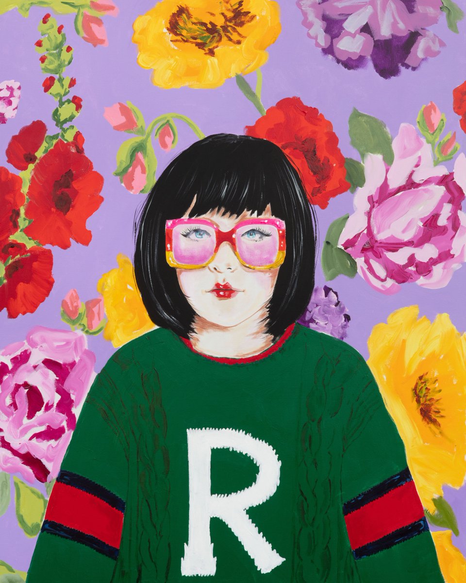 gucci's tweet photo. To celebrate the new #GucciDIY knits, six artists have recreated the styles inside original artworks, including @ashleylongshore’s character immersed in blossoming flowers and color wearing a wool cable knit sweater personalized with an intarsia initial. #AlessandroMichele https://t.co/FzWoV5EJga