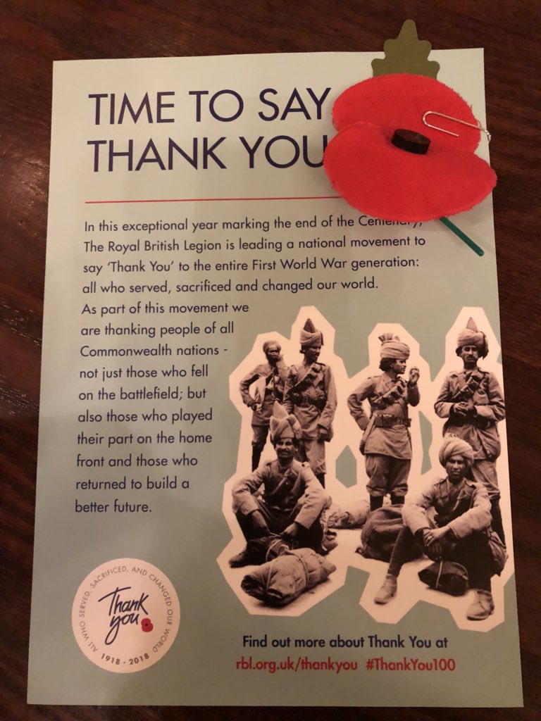 drvanitasharma's tweet photo. Wearing a Khadi poppy in remembrance &amp; thanks to all who served and sacrificed in WW1 -which included people across Britain, Europe, the Carribean, Africa as well as 1.5 million Muslims, Sikhs &amp; Hindus from pre-partition India. Their sacrifices shaped our future. #ThankYou100 https://t.co/xxX2uvx1eI