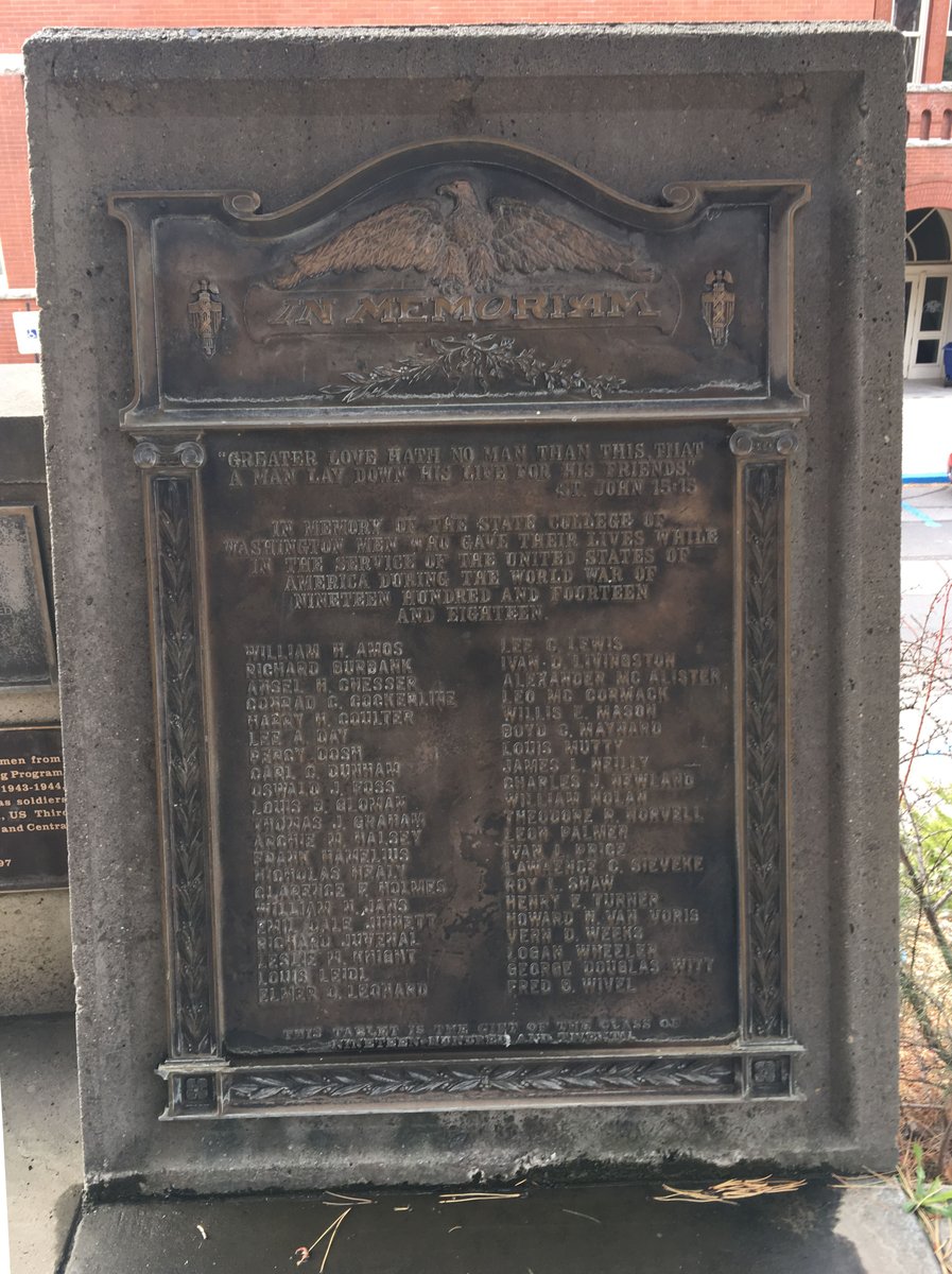 JasonKrump's tweet photo. For my fellow @WSUCougars and even those who have a devotion to other schools, these are the 42 names engraved on the World War I Memorial at the @WSUPullman campus. 1/3 #GoCougs https://t.co/lty1gCz4ci