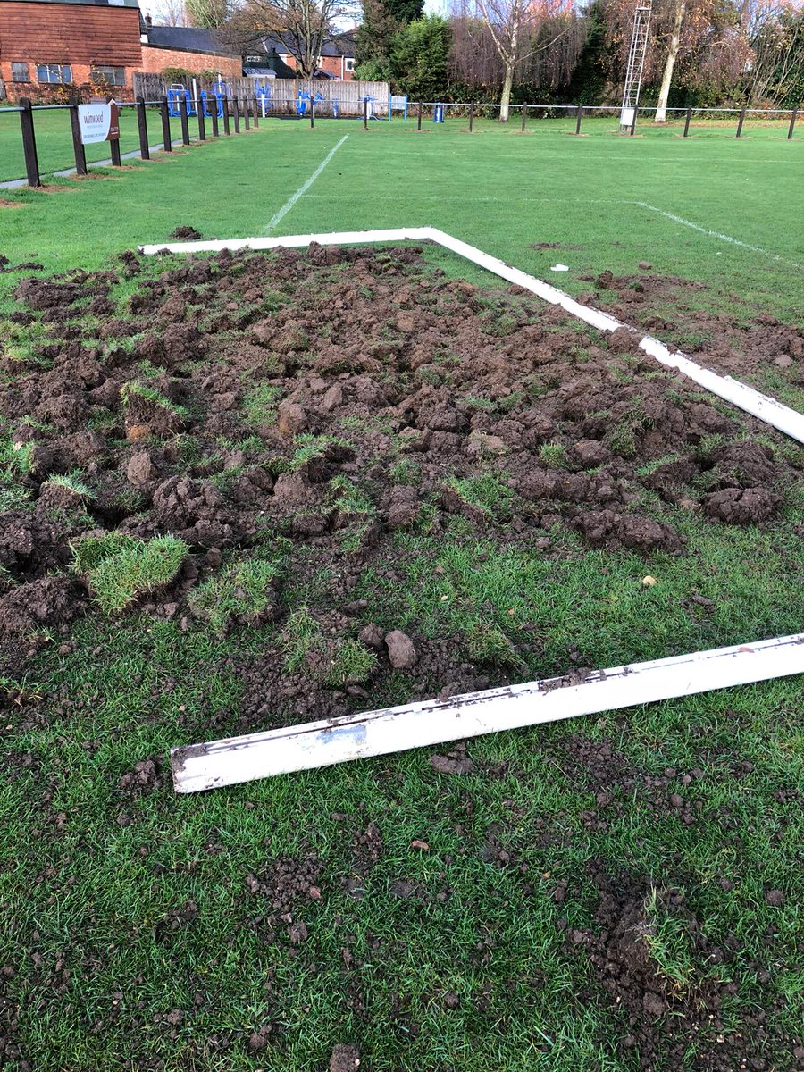 WinslowUtdFC's tweet photo. Overnight we have experienced a mindless act of vandalism. 

Both goalmouths have been completely destroyed , goalposts have been damaged and nets stolen. 

If anyone knows anything please contact the club in the first instance. https://t.co/gnn3iy3P63
