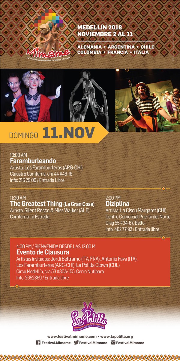 #Hoy es el último día de nuestro <a href="/FESTIVALMIMAME/">FESTIVAL MIMAME</a>, no te quedes en casa disfruta de esta variada programación para toda la #Familia.
#FelizDomingo #BuenDomingo #FinDeSemana #MimosYClown <a href="/AlcaldiadeMed/">Alcaldía de Medellín</a> #CulturaCiudadana