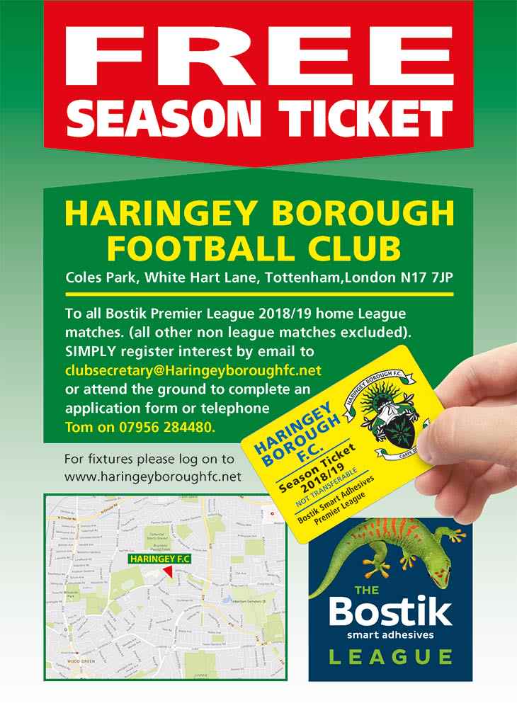 A reminder that FREE season tickets are still available for home fans for all our remaining home league games.

Simply visit the #Boro website and fill in the form to apply online and collect at the turnstile at our next league match.

⚽🎫🏃‍♂️

haringeyboroughfc.net/season-ticket/