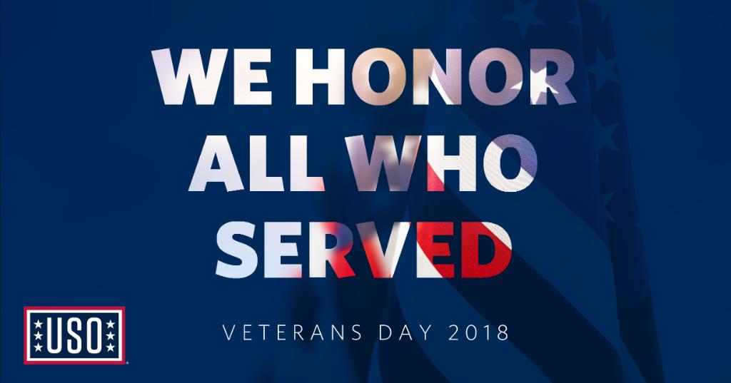The_USO's tweet image. This #VeteransDay, we honor all the men and women who have served our country. Thank you for your courage, commitment and sacrifice.