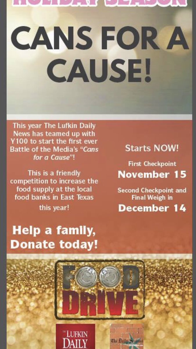 Vdurham06's tweet photo. Bring your cans to @lufkindailynews help feed families in need , get a week free off your current paper subscription & help us win the #battleofthemedia #notutu @greggdurham @sundaybbqtx https://t.co/ZzZ3aEgATB