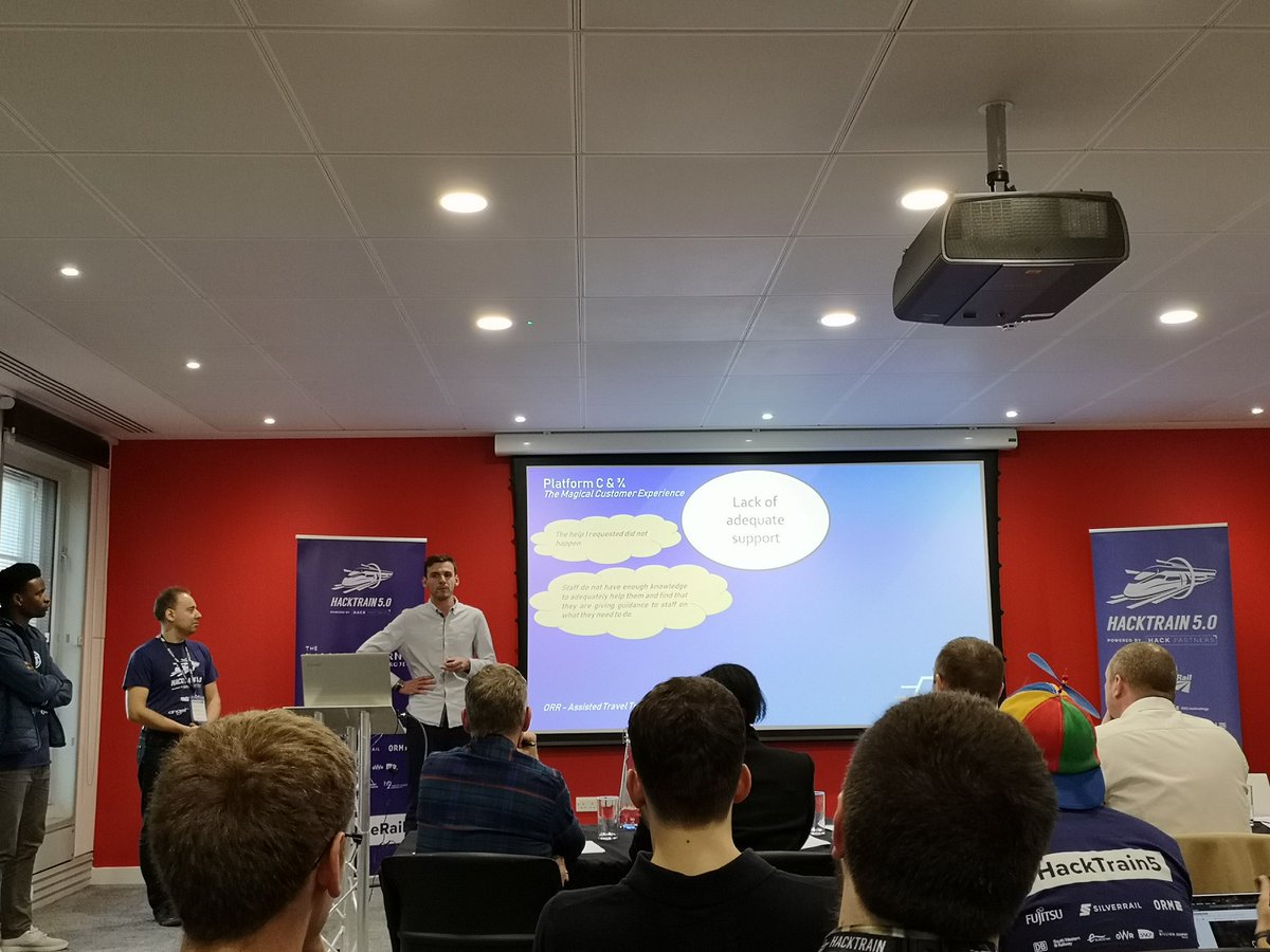 JamesHSBrown's tweet image. Team platform C &amp;amp; 3/4 pitching a local edge passenger assistance app to ensure passengers can always contact member of train staff, or order food and drink to their seat, over local WiFi network
#HackTrain5 #railtech @VeeaSystems