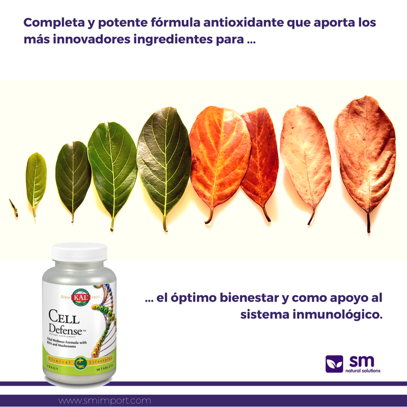 Nuestro cuerpo utiliza los antioxidantes para estabilizar los radicales libres que contribuyen al proceso de envejecimiento. Cell Defense de laboratorios Kal es una completa y potente fórmula antioxidante de apoyo al bienestar y al sistema inmunológico. #smimport