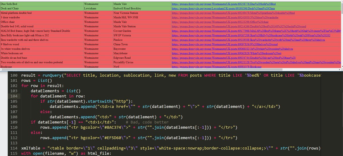 MarcMontanari's tweet image. Restarting writing #Python code and so excited! Today I created a script to #webscrape #freecycle groups in London, generate a #sqlite and render the list of items I'm interested about in a web page. #Geek #HackLearning