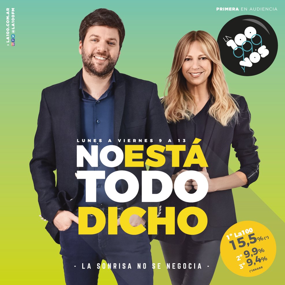 No te pierdas #NoEstáTodoDicho! #La100 la escuchás acá ► 
l100.la/w06Z30l1Zpr #Música #Radio #LasMañanaDeLa100 #La100 #sonrisa #BuenMiércoles #diversión #compañia #NETD <a href="/TresCuartos_/">EstudioTresCuartos</a>