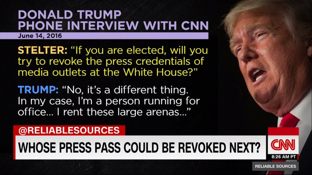 GSorensen's tweet photo. "Another broken promise from the president." @BrianStelter flashes back to June 2016 when Candidate Trump said he would not revoke credentials from reporters as president. #reliablesources https://t.co/hkKwJD1fvy