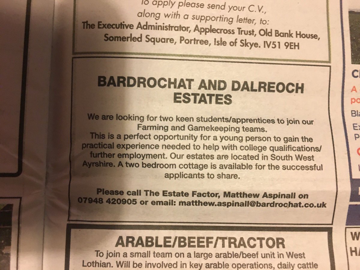 JobfarmScot's tweet image. Good student/apprenticeship opportunities in farming and game keeping.