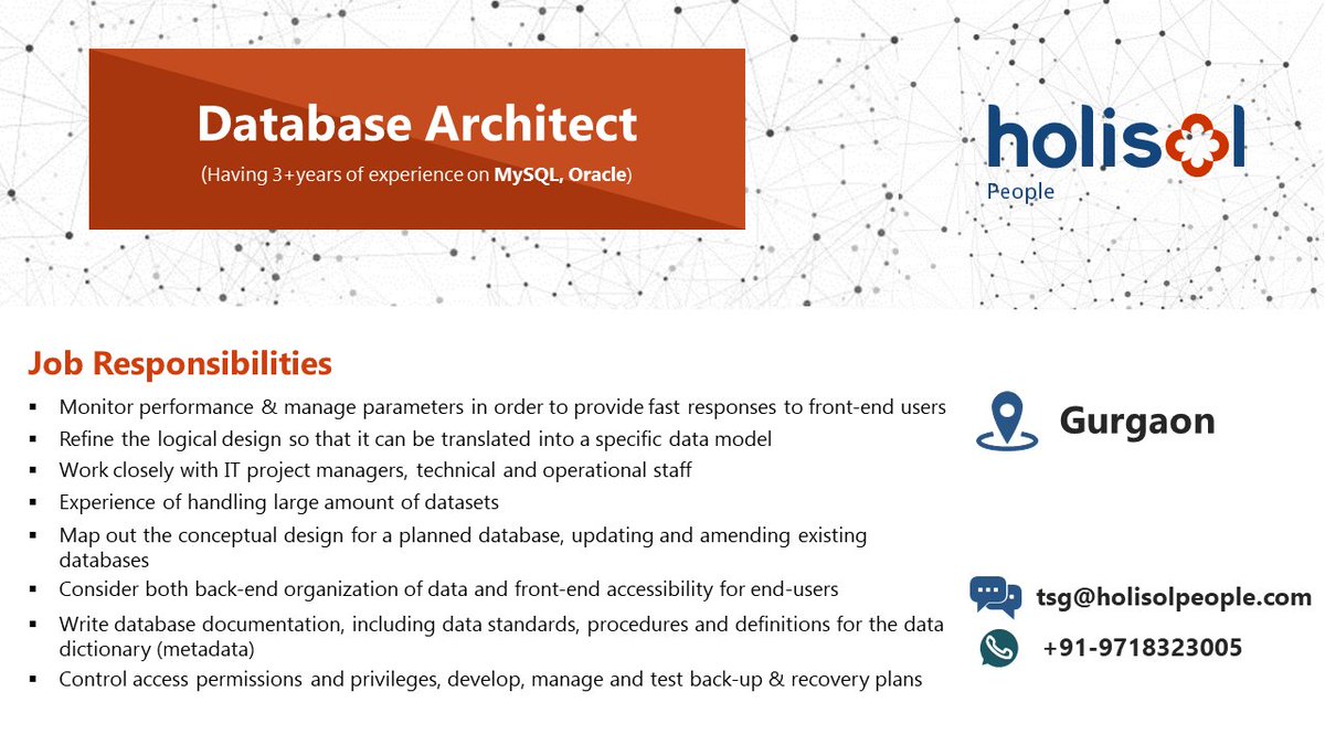 TapRootzz's tweet image. Hiring Database Architects having minimum of 3 years experience.
Apply at tsg@holisolpeople.com
#databasearchitect #job #jobalert #hiring #gurgaon #talent