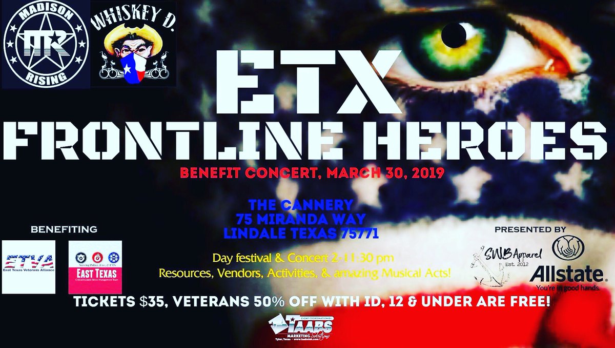 LomeloAshley's tweet photo. VETERANS DAY SALE ETX FRONTLINE HEROES CONCERT
$15 OFF
https://t.co/W2o2uSmjWR
#McCaslandAllstate #SWBAPPAREL
#madisonrising #WhiskeyD #Canaanbryce #LacieCarpenter #Rileyredding #Austinlayne #Curtiscowan #Tyronevaughan #Blakesullivan
#ETXFrontlineheroesbenefitconcert2019 https://t.co/Dz335G7wit