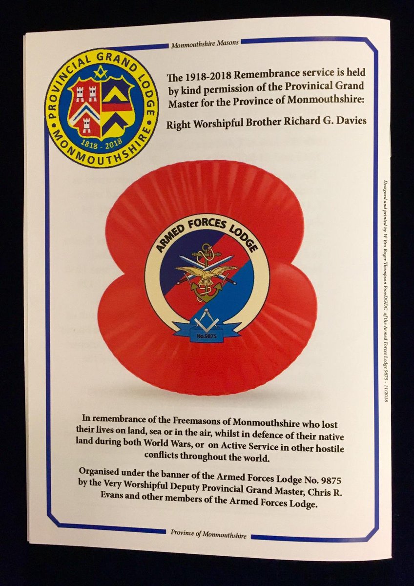 Heartfelt thanks to all that supported the Province of Monmouthshire Centenary Remembrance Service 1918-2018. Special thanks to Rev’d Canon Dr Arthur Edwards PAGChap,WBro Roger Thompson &amp; the WM, brethren of the AFL No. 9875. ⁦<a href="/UGLE_GrandLodge/">United Grand Lodge of England</a>⁩, ⁦<a href="/rogerpthompson/">Roger Thompson</a>⁩ DPGM
