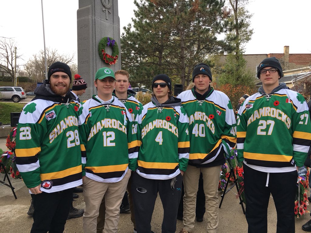 HespelerJrC's tweet photo. Your own Hespeler Shamrocks joined into their local Remembrance Day services at the Hespeler cenotaph because we remember too. 
Lest we forget. https://t.co/m53BsRopDa