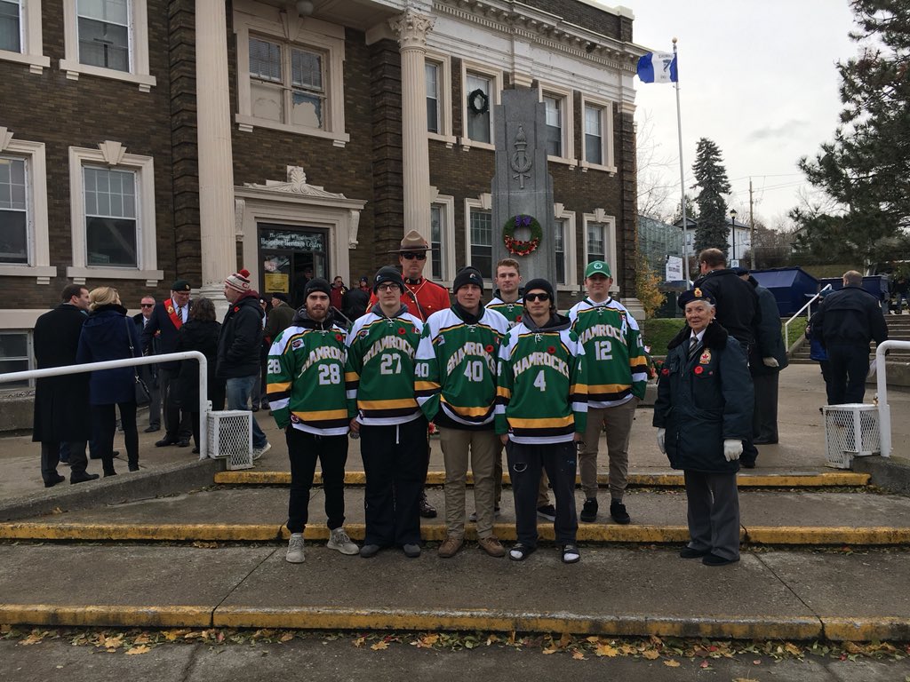 HespelerJrC's tweet photo. Your own Hespeler Shamrocks joined into their local Remembrance Day services at the Hespeler cenotaph because we remember too. 
Lest we forget. https://t.co/m53BsRopDa