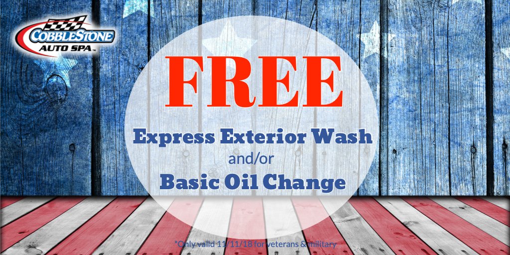 CobblestoneAuto's tweet photo. To all Veterans &amp; Military Personnel, THANK YOU for your service!🙏 Enjoy a FREE Express Car Wash &amp;/or Oil Change @ any Cobblestone Full Serve location today only! 🇺🇸💙 https://t.co/ccE3QFwWoZ #VeteransDay #FreeforVeterans https://t.co/wurfmKK5FL