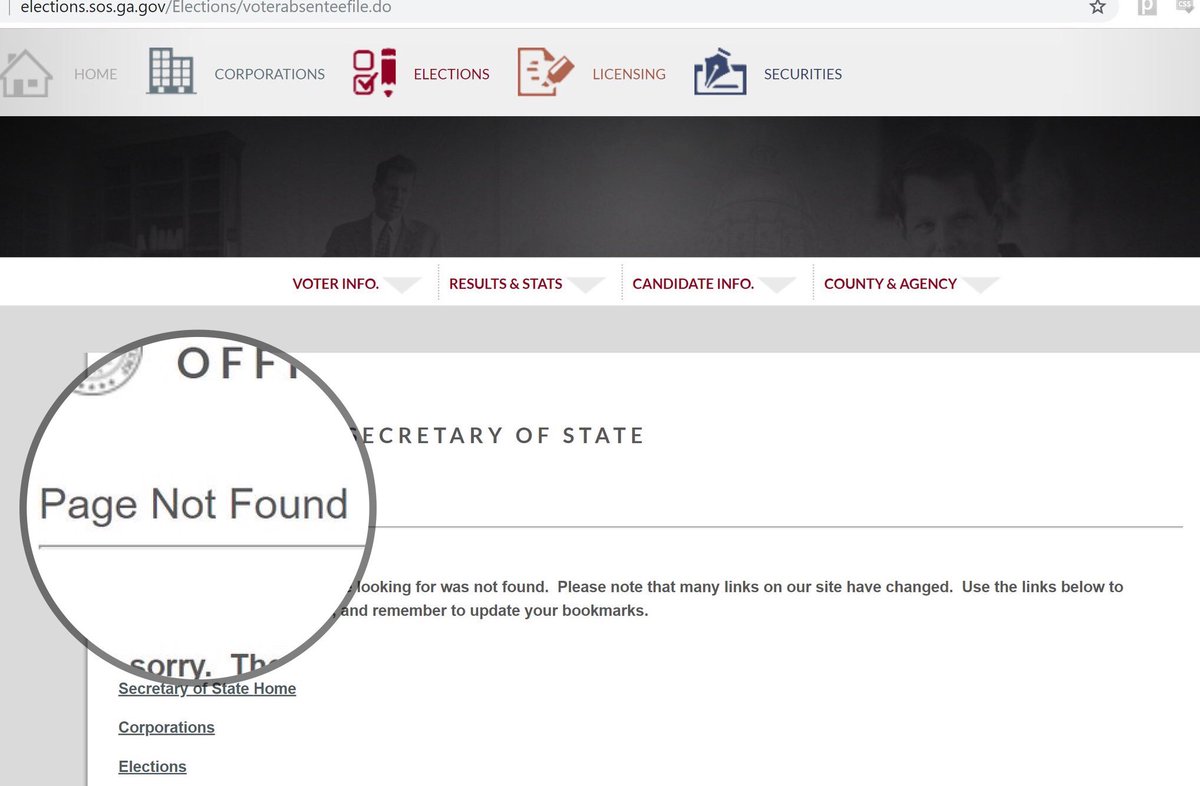 BREAKING: @BrianKempGA's Secretary of State office has just REMOVED tons of public data from its website

They've removed both PRE-2018 voting data and the entire page where 2018 absentee data was posted and updated. What don't they want Georgians to see?

 #CountEveryVote #gapol