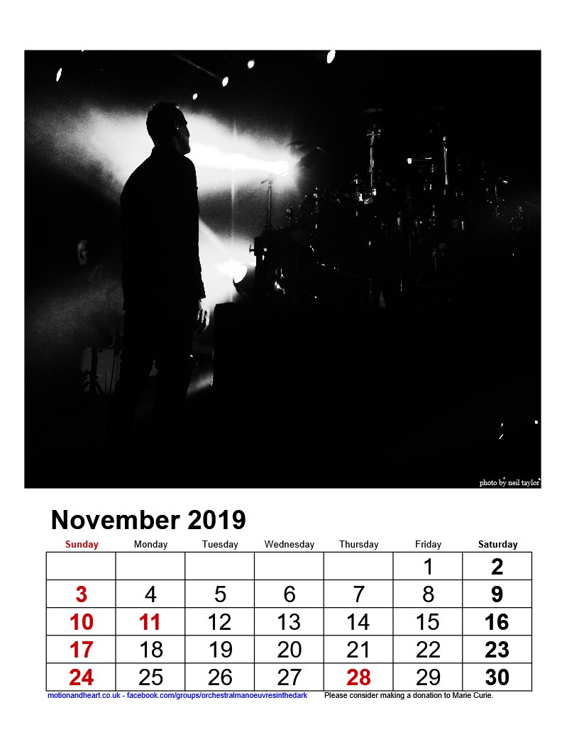 You can now download our unofficial 2019 OMD Calendar.
We ask that if you like please make a donation to <a href="/mariecurieuk/">Marie Curie</a> <a href="/MarieCurieMCr/">Marie Curie Gtr Mcr</a> 

Please follow this link for the free download:

omd.me.uk/index.php/the-…
