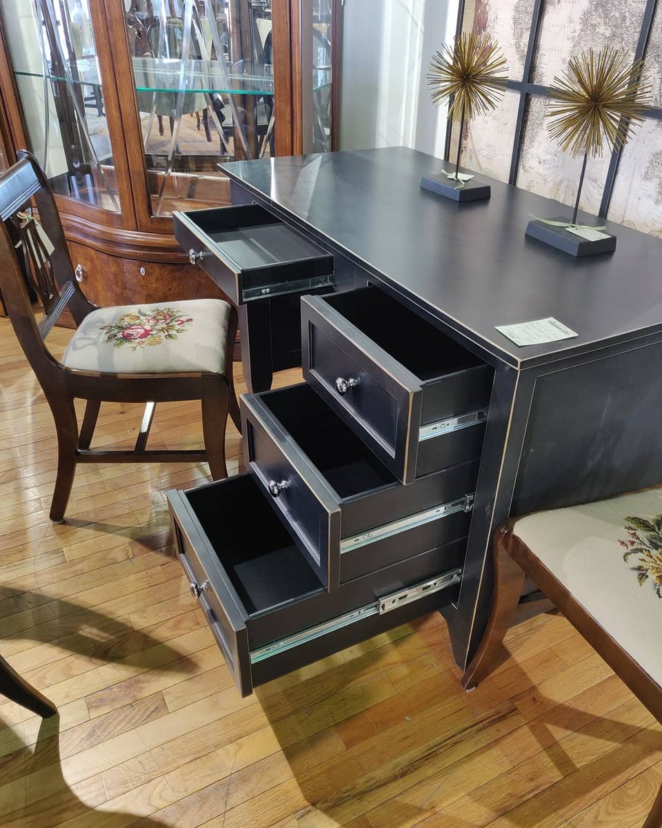 Beautiful designed black 2 tone brushed wood desk with great storage for any study or work area in your home!
30028-4016 World Map Wall Art. Our price $175
14678-4 Harp Back Chair w/ Floral Cross Stitched Seat.  $145
35057-1876 Black 2-Tone Brushed Wood Desk with 4 Drawers. $345