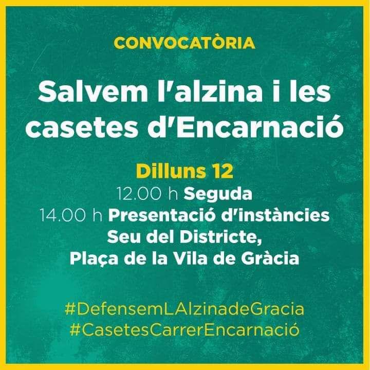 graciaonvas's tweet photo. DEMÀ nova jornada de mobilització veïnal a la Vila de Gràcia!

Contra l'especulació immobiliària i en defensa del patrimoni,
salvem l'alzina i les cases del 
carrer Encarnació!

#defensemlalzinadegracia
#casetescarrerencarnacio https://t.co/csctPsH79v