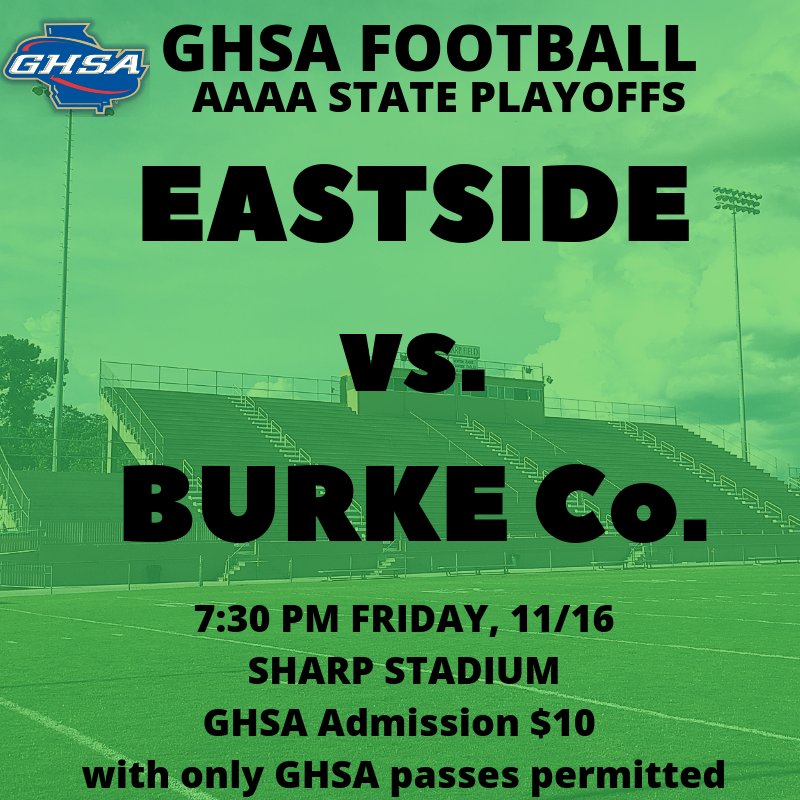 ROUND 2!!!! Get ready to make noise!!!! EHS hosts the GHSA AAAA State Playoffs Friday at Sharp Stadium! #EaglePride #WeBleedGREEN
