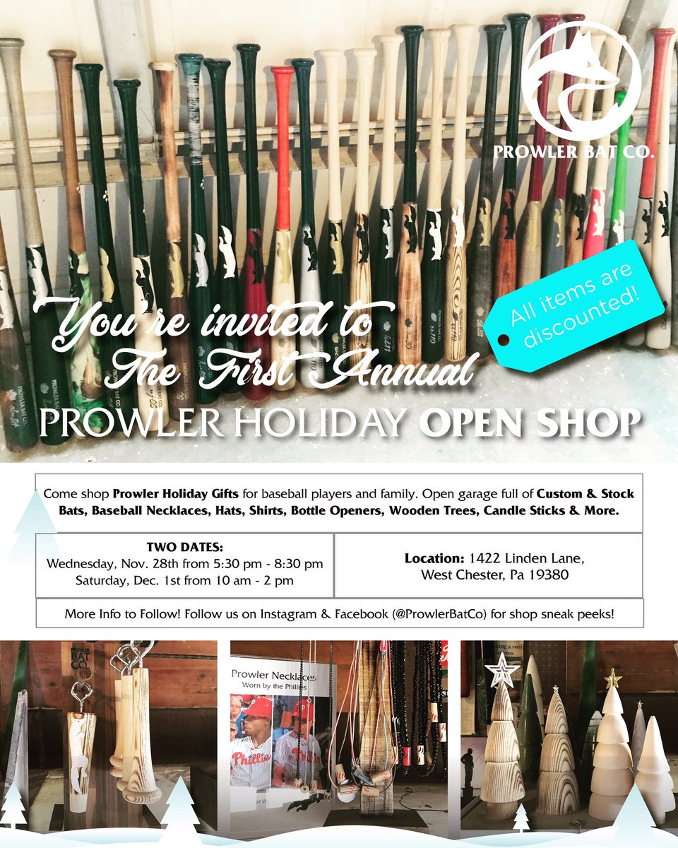 Holiday open shop for bats, baseball accessories and gifts for the ball player and entire family. 2 dates Wednesday 11/28 from 5:30-8:30 pm and Saturday 12/1/2018 10-2. Mark your calendars and swing by for our 1st annual open shop #woodbats #holidaygifts #JoinTheHunt #⚾️#🦊
