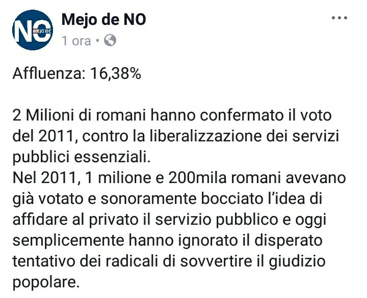 #ReferendumAtac - Affluenza: 16,38%

Viene confermato il voto del 2011 contro la liberalizzazione dei servizi pubblici essenziali
#Roma #Atac