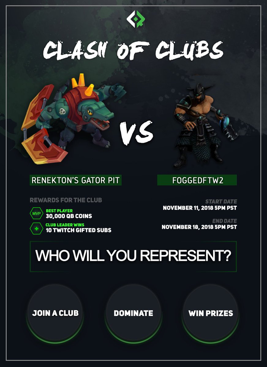 qlubgg's tweet photo. Announcing our first edition of Clash of Clubs on @QuarterbackGG!
This week @foggedftw2 and @RenektonTopOnly clubs will go head to head for glory, bragging rights and prizes!
WHO ARE YOU WITH?
#FOGGEDWIN or #RTOWIN
Not a member yet?
https://t.co/zpIVE0OGGG https://t.co/Ybq485N3XW