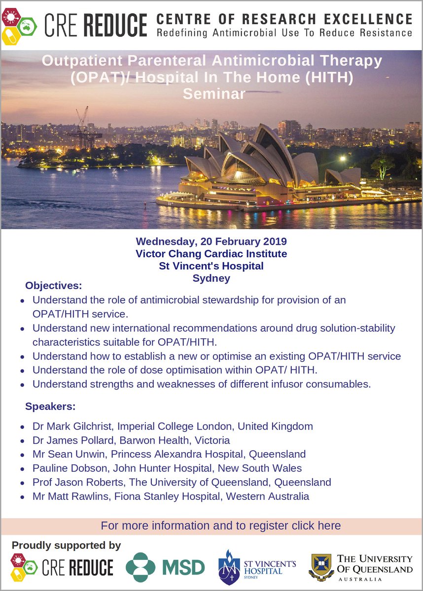 jasonroberts_pk's tweet image. We are excited to announce our #OPAT / #HITH Seminar in #Sydney on February 20th 2019 immediately before @AusAntibiotics Annual Meeting. Great speakers incl. @MGilchrist123 from @imperialcollege (UK), @DocJamesPollard (Vic), @Pollyd1 Matt Rawlins (WA) bit.ly/opat19