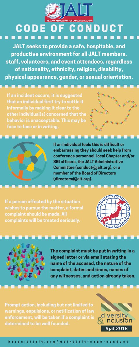 JALTConference's tweet photo. #JALT Code of Conduct Complaint Procedures
#JALTCodeOfConduct
#JALTForAll
#InclusiveJALT
#JALT2018 #Diversity #Inclusion
Link: https://t.co/zmgNc15LPt https://t.co/2w2q1ortQG