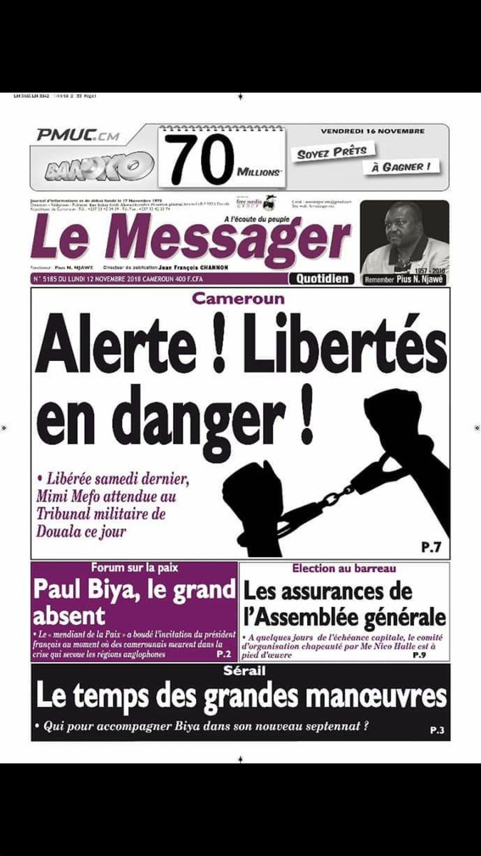 Asitchoma's tweet photo. Bonjour twitter, bon debut de semaine. Aujourd'hui s'ouvre au tribunal militaire à Bonanjo à Douala la 1ere audience de comparution de @Mimimefo237. La presse écrite donne le ton ce matin. Nous y seront en rang serré pour lui apporter notre soutien. #WeStandForMimi
#FreeMimiMefo https://t.co/hIe7sFayri
