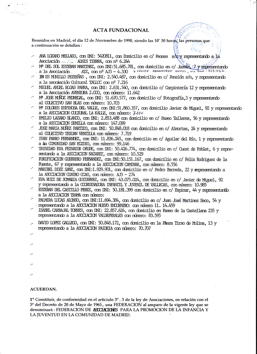 Hoy cumplimos 20 años!! #InjuMemoria
 #TalDíaComoHoy GRACIAS a las valientes fundadoras: <a href="/FundacionAdsis/">Fundación Adsis</a> <a href="/asociacion_atz/">Asociación Juvenil ATZ</a> <a href="/ACTalloc/">A.C.TALLOC</a> <a href="/AsocA2000/">Asociación Aventura 2000</a> <a href="/SanBlasC/">Colectivo San Blas</a> <a href="/lakallevallecas/">A. Cultural La Kalle</a>  <a href="/CTetuanVentilla/">C. Tetuán-Ventilla</a> <a href="/SantEgidioMad/">Sant'Egidio Madrid</a> <a href="/CAMINAR_ELRUEDO/">Asociación CAMINAR</a>  @la_coordinadora <a href="/Valdeperales/">Valdeperales</a> <a href="/ongpaideia/">asociacion paideia</a>