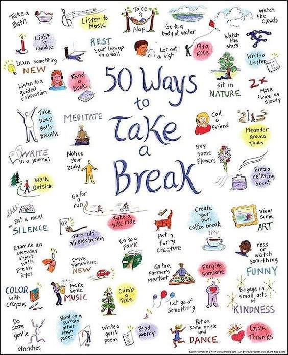 CFTWorkforce's tweet image. Here are 50 ways that you can take a break to help to improve your wellbeing and mental health. You need to stop every  so often to refocus yourself, give yourself as breather! #selfcareweek