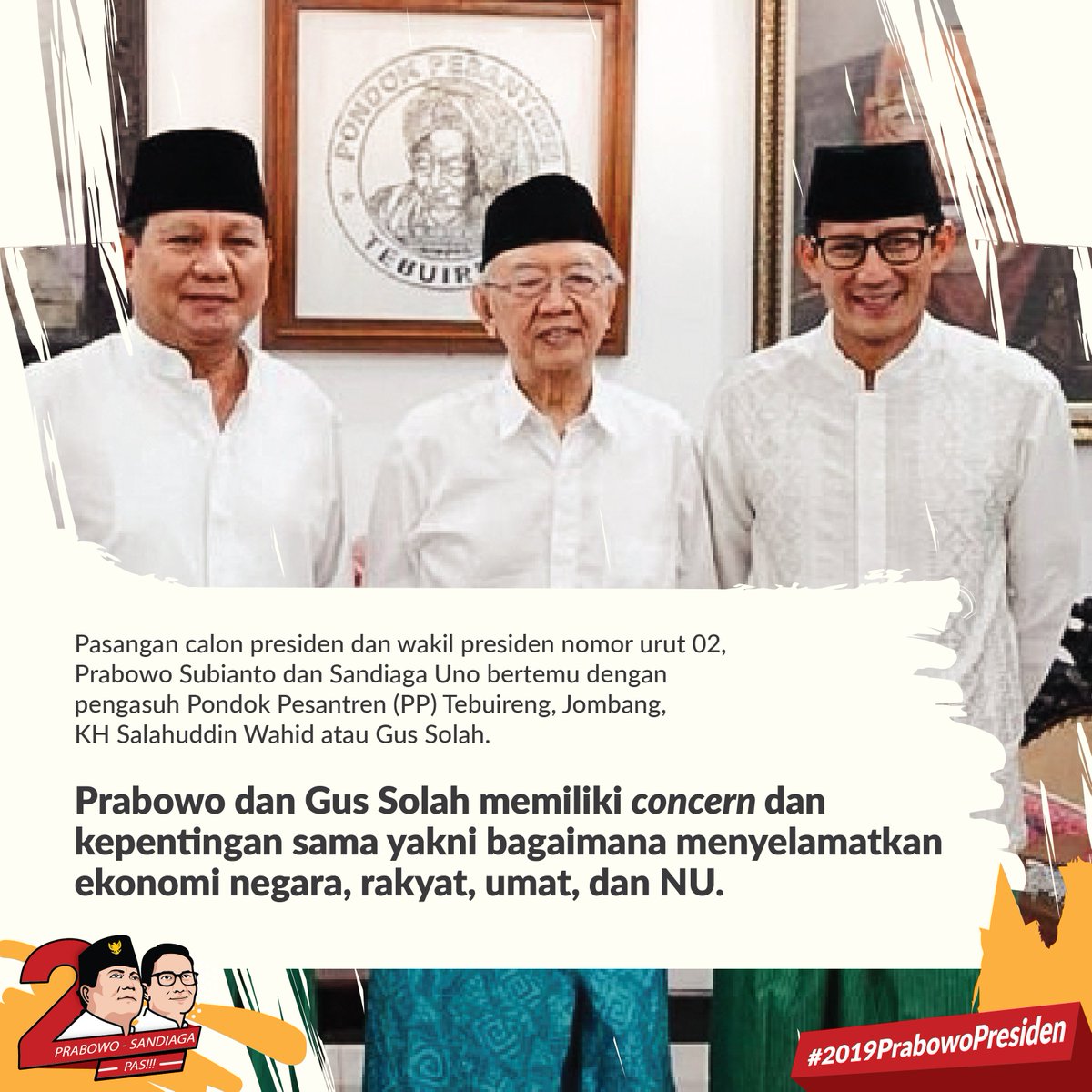 PilihPAS2019's tweet photo. Prabowo Subianto dan Sandiaga Uno, pasangan calon presiden nomor urut 02, bertemu dengan pengasuh pondok pesantren Tebuireng, KH Salahuddin Wahid atau Gus Solah, pada Rabu 7 November 2018. 
#2019PrabowoPresiden #PilihPAS2019 https://t.co/Tc4vC5hxHl
