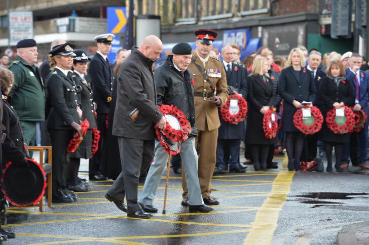 W.Bro George Reynolds PGSD Keystone Mark Lodge 109. Formerly of Horse Artillery, 100 years young, laying the Mark Wreath in this centenary year. His was the third wreath presented after the Lord Lt and the Mayor. Applauded and feted by crowd and young veterans alike.. Our George!