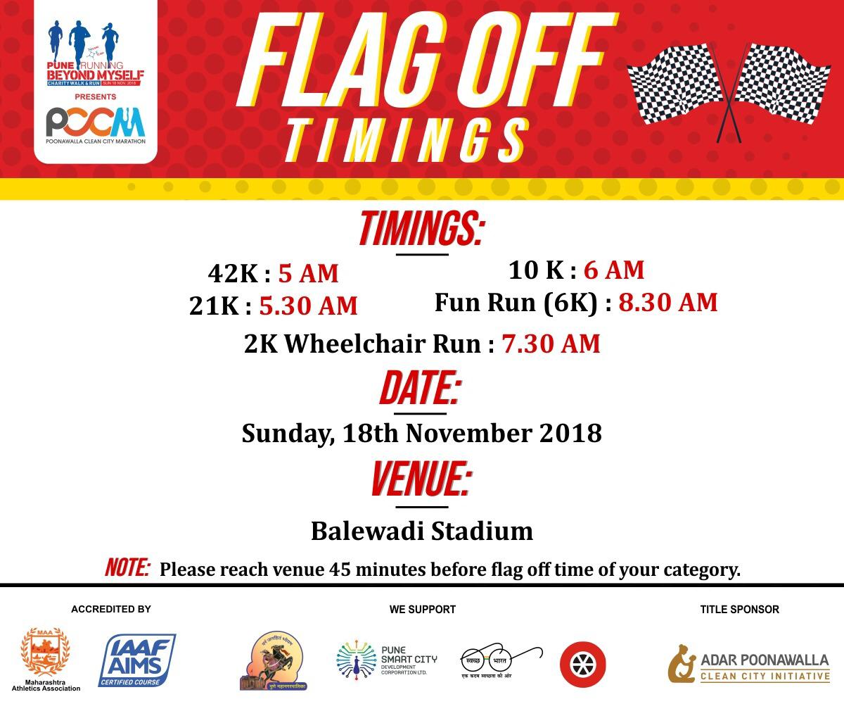 PuneRunning's tweet image. Flag off timings for #PRBM-#PCCM on Nov 18, 2018

42 km - 5.00 am
21 km - 5.30 am
10 km - 6.00 am
06 km - 8.30 am

02 km Wheelchair Run   - 7:30 am

Please reach venue 45 minutes before flag off time of your category.

punerunning.com/prbm2018/info.…