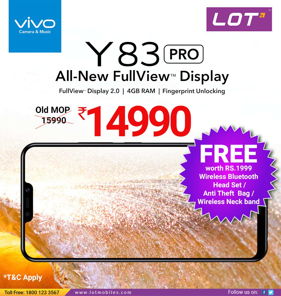 Lotmobiles's tweet photo. Some exciting offers are here. Head to your nearest #LOTstore and buy #vivo #Y83 pro with all new full display just for 14990 and get free wireless #bluetooth/head set/ anti-theft bag absoultely free.
#Lotmobiles #vivoY83pro #Y83pro #FreeGifts https://t.co/kzYn3d4bxO
