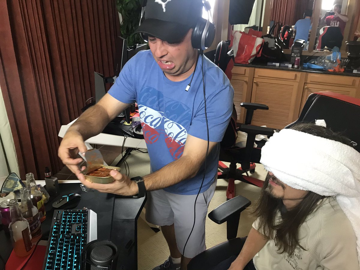 ShanghaiSix's tweet photo. The face says it all: @BJP_Official feeding @d_kaneofficial surprise nastiness for hitting donation goals for #veterans during @StackUpDotOrg #StackUpSleepover here at @RioVegas @TheWallLounge in the penthouse #Twitch streamer suite. Witness the horror at: https://t.co/ilEBgiuD6b https://t.co/0N4WE7328u