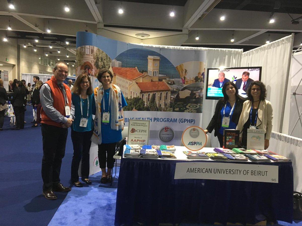 AUBDeltaOmega's tweet photo. Live from the Faculty of Health Sciences - AUB booth at the #APHA2018 in San Diego, with our president-elect Noor Jaber, Mrs. Hala Alaouie, and professors @T_Kabakian, @rima_justice, and @shjabbour. #DeltaOmegaSociety #GammaDeltaChapter #ProudFHsers #PublicHealth https://t.co/zrOY6sB6Mx