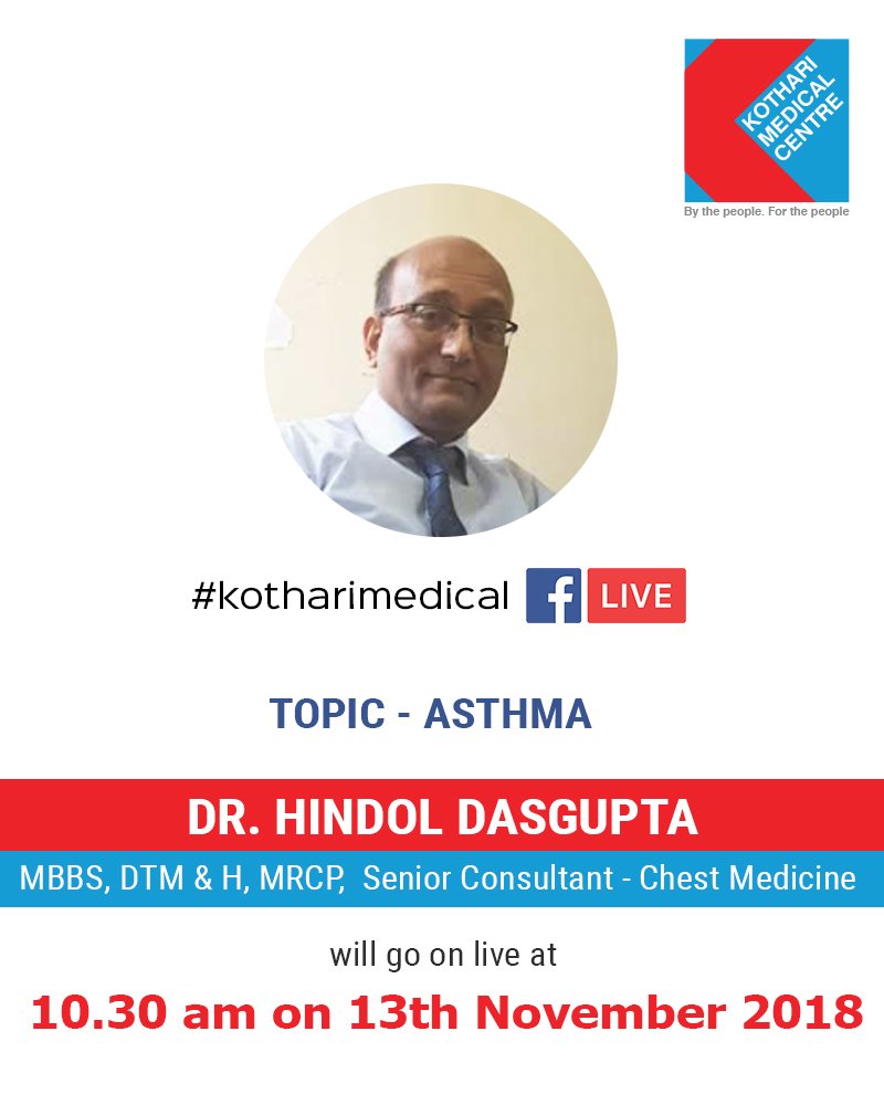 Dr. Hindol Dasgupta (MBBS, DTM & H, MRCP, Senior Consultant - Chest Medicine) will be LIVE on 13th November 2018, at 10:30 am to inform us about the fact, symptoms, and prevention of Asthma. #Asthma #Asthmaprevention #LIVE #Facebooklive #Healthcare #Indianmedicalassociation