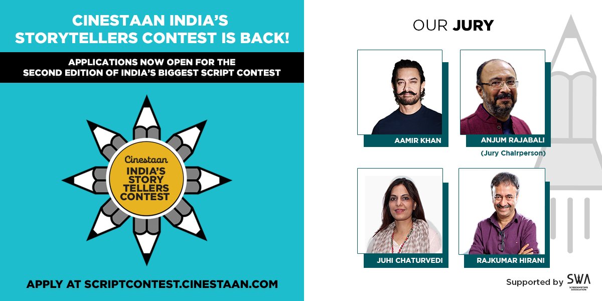 swaindiaorg's tweet image. India&apos;s biggest #ScriptContest is back! After an overwhelming response, our judges @aamir_khan @RajkumarHirani @writeonj and @AnjumRajabali are back with the second edition of the #CinestaanIndiasStorytellersContest Entries are now open! bit.ly/2CW8Pqt