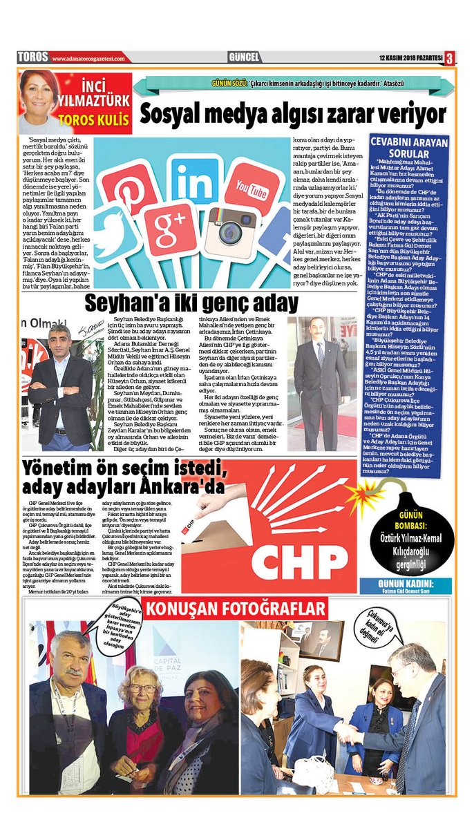 12.11.2018 tarihli Toros Gazetesi kulis yazıları <a href="/kilicdarogluk/">Kemal Kılıçdaroğlu</a> <a href="/Seyit_TORUN/">Seyit Torun</a> <a href="/oguzksalici/">Oğuz Kaan Salıcı</a> <a href="/onursaladiguzel/">Onursal Adıgüzel</a> <a href="/Akif_Hamzacebi/">M. Akif Hamzaçebi</a> <a href="/CHPTBMM/">CHP TBMM Grup Başkanlığı</a> <a href="/herkesicinCHP/">CHP 🇹🇷</a>