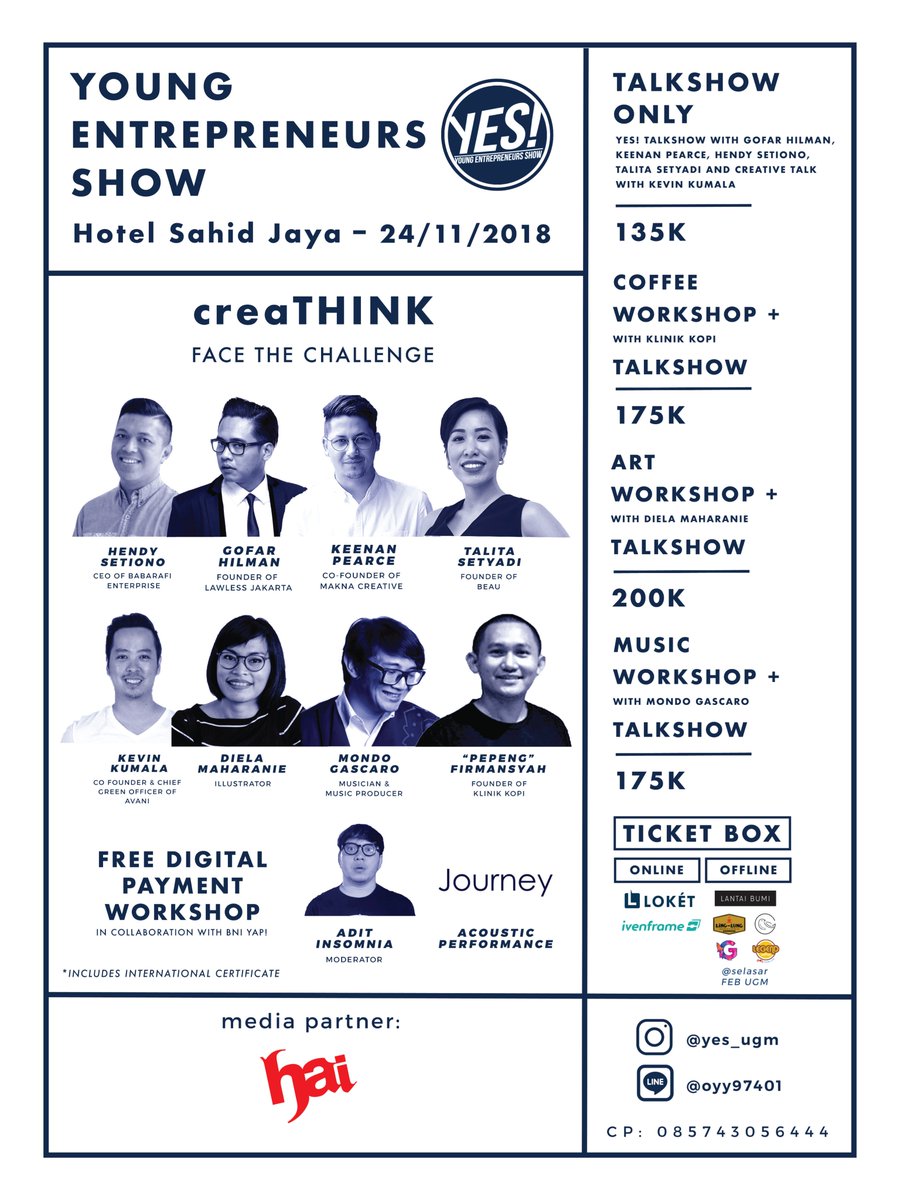 Mark your calendar! YES! 2018 will be held at Sahid Jaya Hotel &amp; Convention Yogyakarta on 24 November 2018 with the theme ‘CREATHINK’. There will be talkshow with inspirational speakers and also interesting workshop with talented people. Grab your ticket now! <a href="/YES_UGM/">Young Entrepreneurs</a>