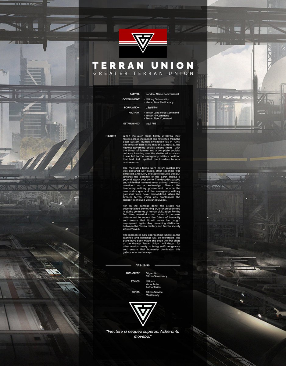 ＧＲＥＡＴＥＲ
ＴＥＲＲＡＮ
ＵＮＩＯＮ

тнe reѕυlт oғ war and now reιgnιng governмenт oғ earтн and eхтerιor arмed ғorceѕ. 

ᴛᴇᴍᴘʟɪɴ ɪɴsᴛɪᴛᴜᴛᴇ ʙᴀsᴇᴅ. 

Updates and tweets from the (unofficial) twitter account for the GTU. 

————
#openRP #MVRP

Retweets appreciated!