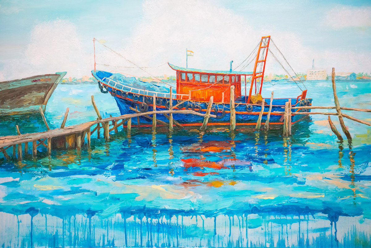 ShuMandry's tweet photo. "Fishing schooner, Cochin, India" Oil on canvas, 70х90cm/"Рыбацкая шхуна, Кочин, Индия". Рыболовные шхуны-неотъемлемый элемент любого моря.  Они как древние старцы, несут истории своих жизней и о богатых уловах, и смертоносных штормах. #art #fishing #oilpainting #impessoin #India https://t.co/sZBfSffRfz
