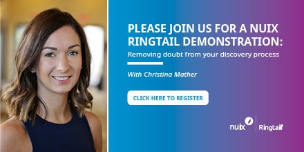 nuix's tweet photo. Our Nuix Ringtail solution will help you uncover better evidence faster and quickly integrate it into your strategy for litigation and regulatory cases. Join our live demonstration at 2pm (GMT) today with #eDiscovery guru Christina Mather. Register at: https://t.co/vfvtq1mSgn https://t.co/T5Gsbb1QDv