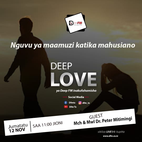 Dfm_Tz's tweet photo. Katika kipindi cha Deep Love Jumatatu ya leo tutakuwa na Dr. Peter Mitimingi akitueleza nguvu ya maamuzi katika mahusiano. Usikose kufahamu ni wapi wengi wanakosea katika mahusiano. Sikiliza kupitia https://t.co/jKJy1iGalA
#dfmtz #love #life #worship #faith #God #Tanzania https://t.co/Ho7Lp2yZMH